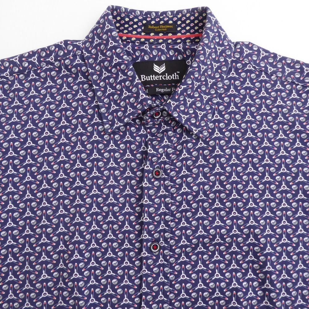 Buttercloth Mens Button Up Shirt Blue Propeller Airplane Print Short Sleeve M